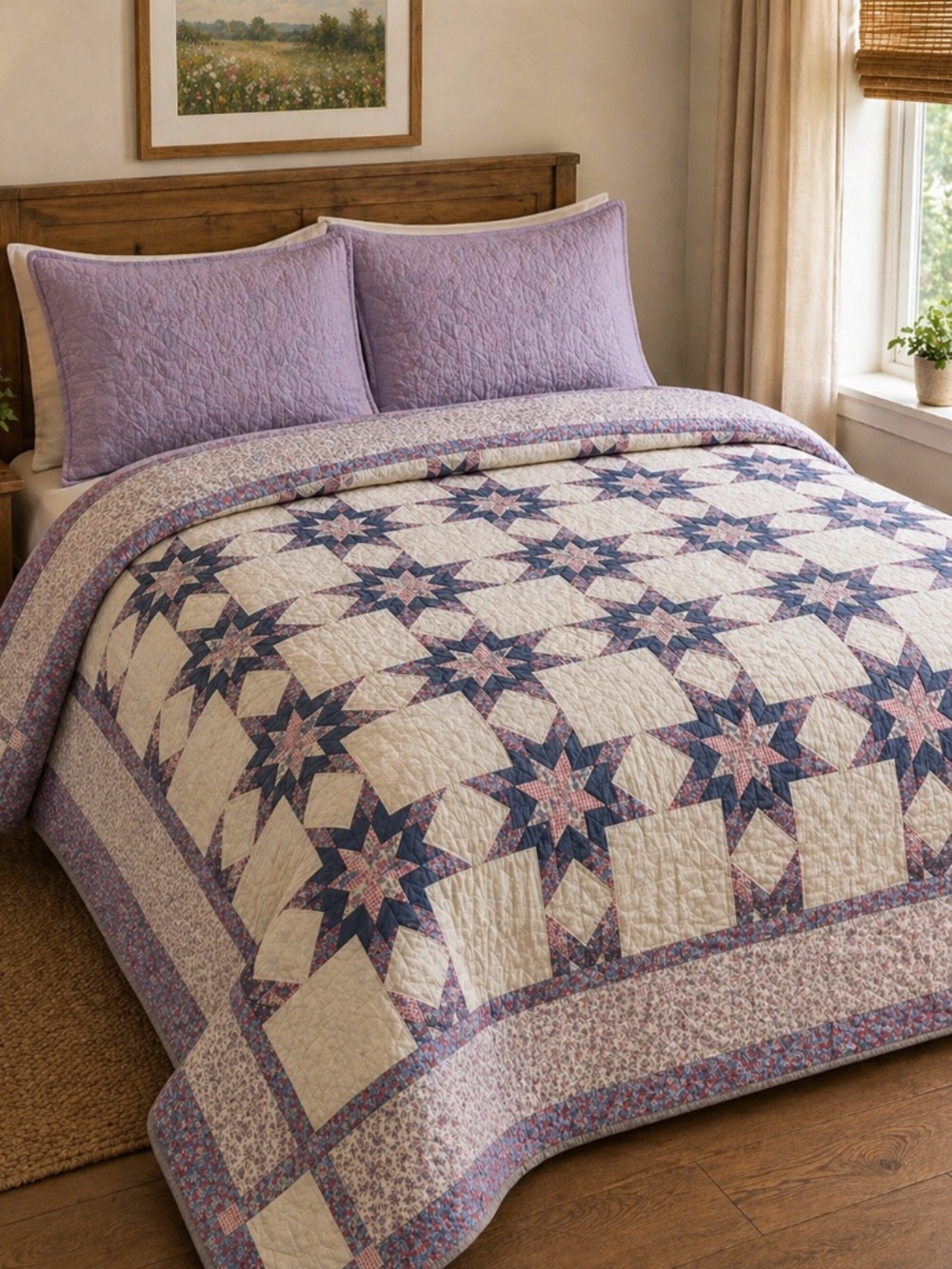 Vintage Star Patchwork Quilt – Handmade Farmhouse Quilt 94x94 (Queen/King)